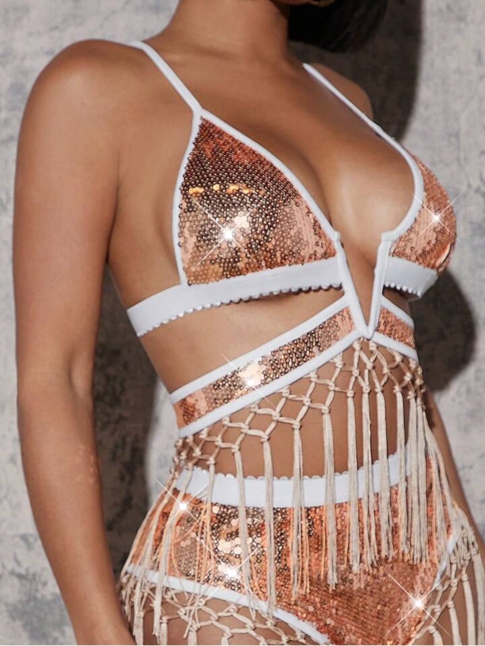 Sequin Fringe Two-Piece Bikini Set - Copper/White( Rave Outfits) - Picture 3 of 12